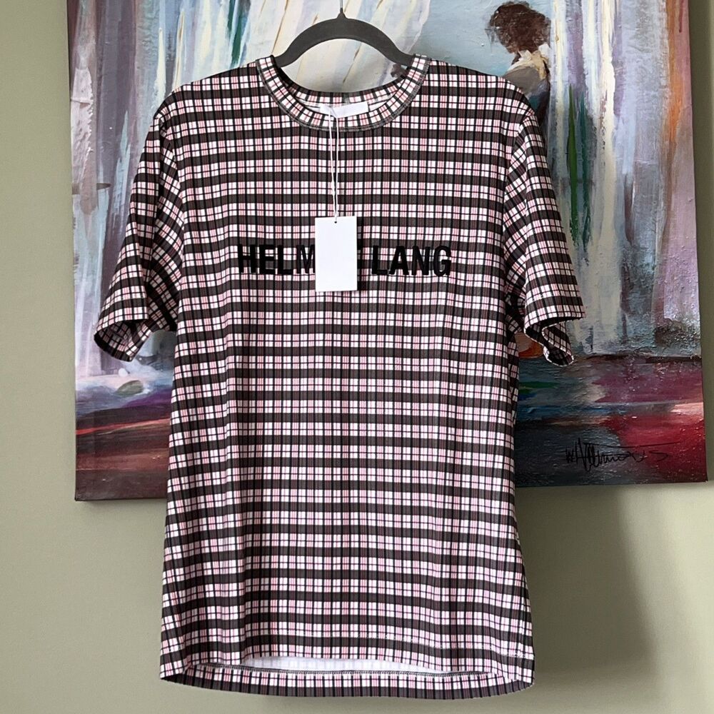 Helmut Lang Logo Tee Mini Digital Check Red Black T-Shirt Men's XS Cotton NWT